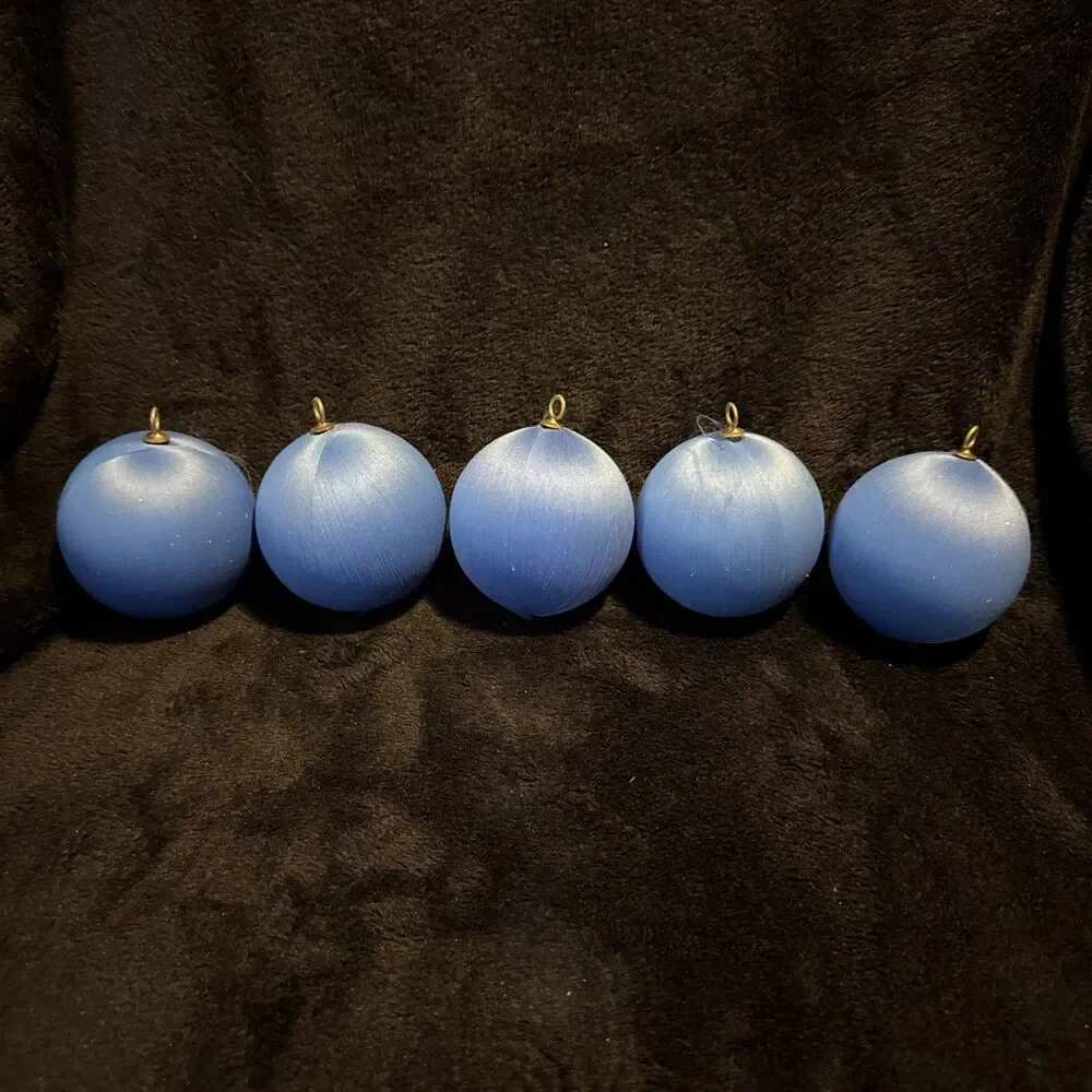 5 Vintage 60s Blue Satin Round Ball Christmas Ornaments Unbreakable